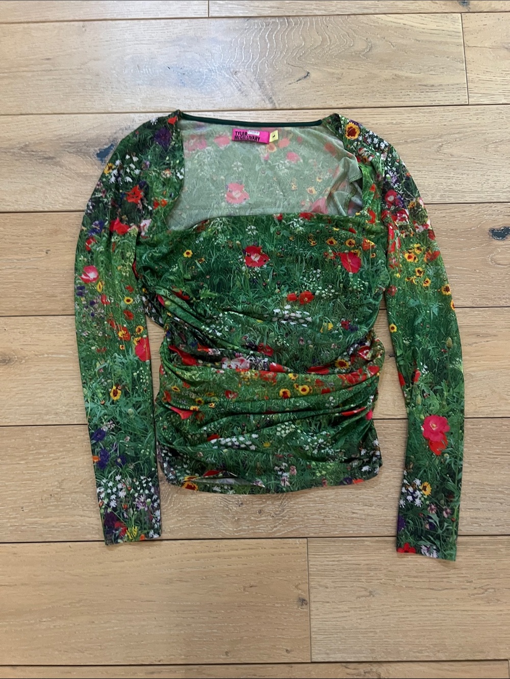 Tyler McGillivary Green Floral Ruched Long-Sleeve Mesh Top